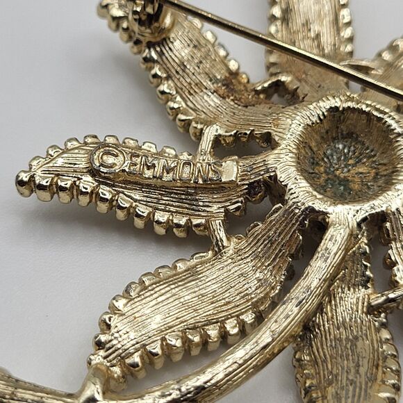 Vintage EMMONS Bezel Set White Gold Tone Flower Brooch Pin 2.5in - Picture 6 of 6